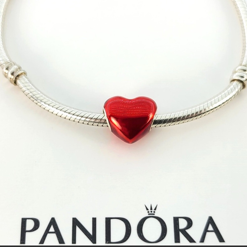 PANDORA Red and Silver Heart Charm Bracelet